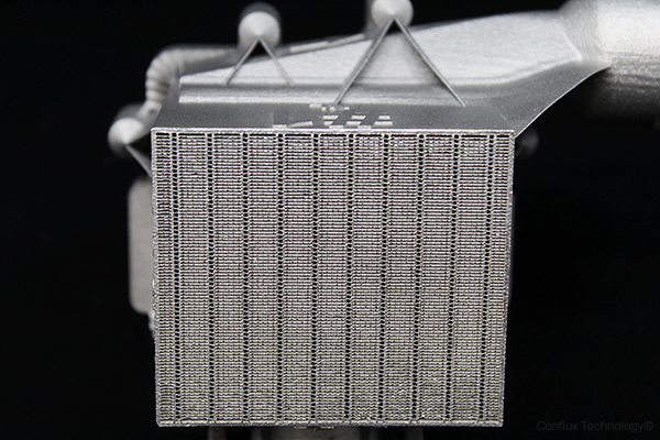 A metallic heat exchanger showing the details of the internal fins