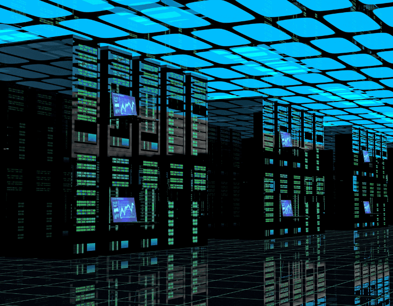 Rows of server racks in a blue-lit data center